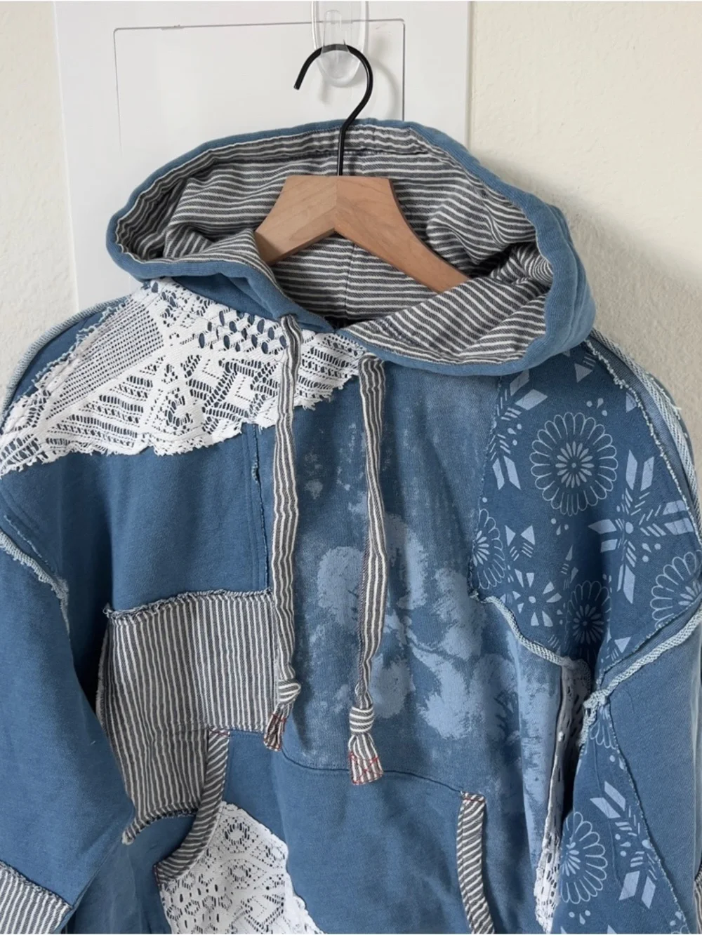 NWT Free People We The Free Tattered Romance Hoodie in Blue Indigo Combo